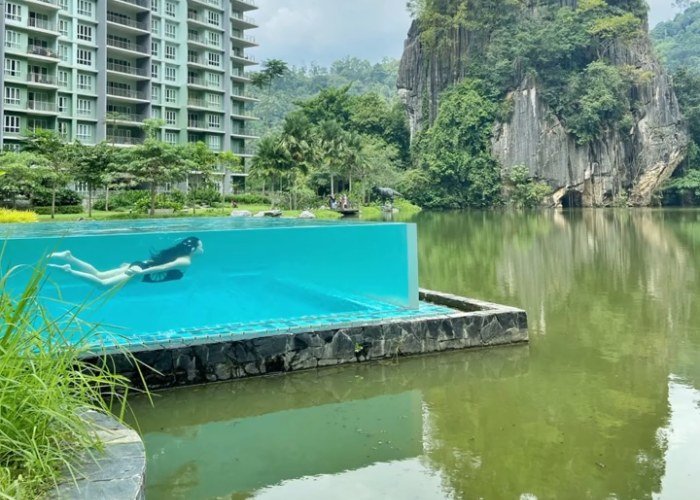 glass walled swimming pool